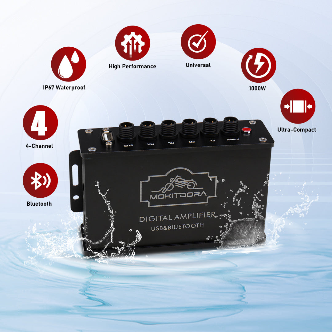 1000W 4-Channel 4" Motorcycle Bluetooth Amplifier & Speakers Full Range IP67 Waterproof Micro Stereo Audio Amp System for Harley ATV UTV Boat Custom Touring Cruiser