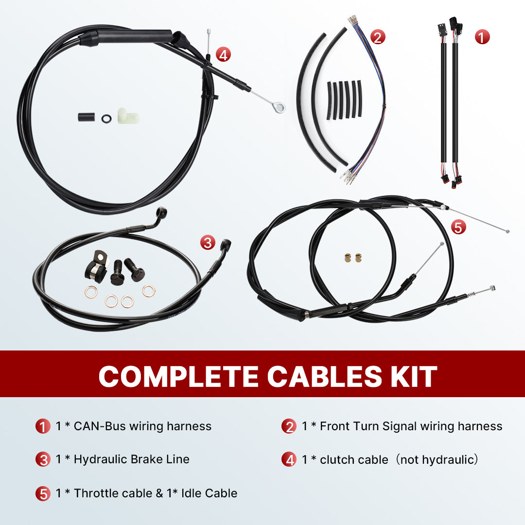 12/14/16 Inch Dyna Cables Kit Handlebar Extended CAN-Bus/Turn Signal Wires/Clutch/Throttle Cables/Brake Line for Harley Dyna 2012-2017 without ABS