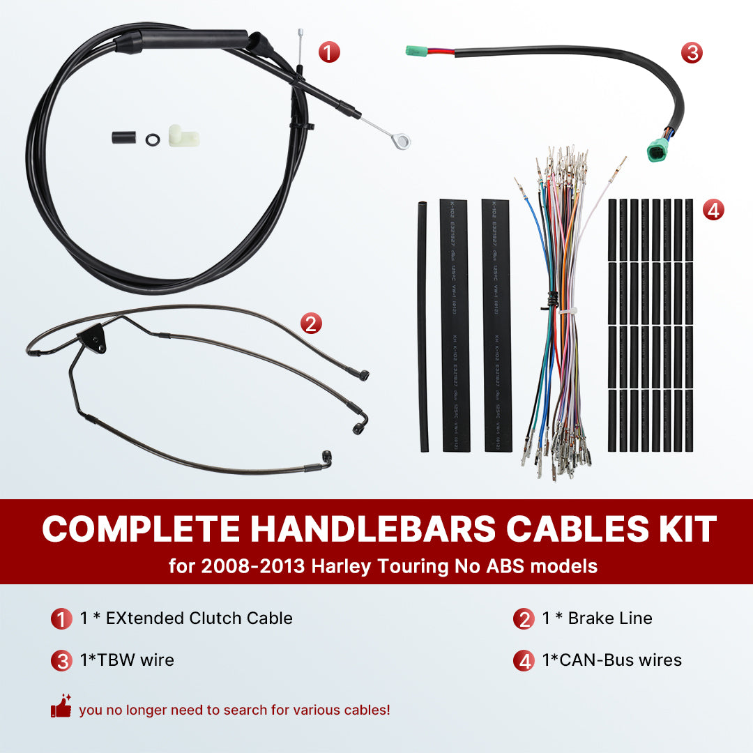 12/14/16 Inch Ape Hangers Cables Handlebar Extended Brake Line & Clutch Cable & CAN-Bus & TBW for Harley Touring 2008-2013 Without ABS