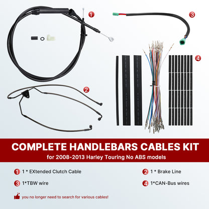 12/14/16 Inch Ape Hangers Cables Handlebar Extended Brake Line & Clutch Cable & CAN-Bus & TBW for Harley Touring 2008-2013 Without ABS
