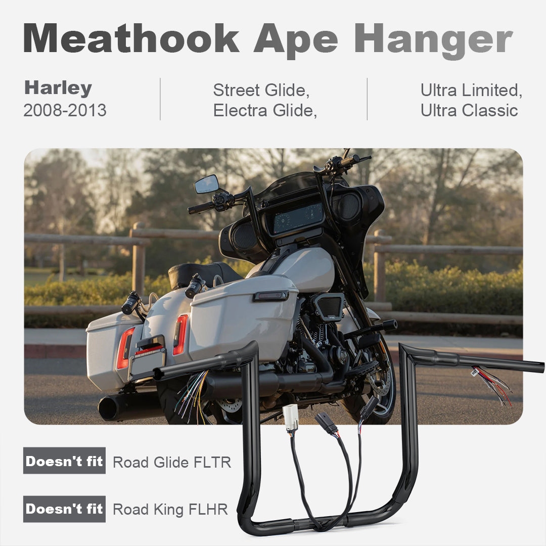 For Harley 2008-2013 Ape Hanger 1.5 Inch Meathook Pre-wired Handlebars