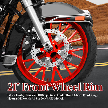 21 Inch Front Wheel Fat Spokes Wheel Rim One-Piece CNC Machined with Spacer 21"x3.5" for Harley Touring 2008-Later Street Glide/Road Glide/Road King/Electra Glide