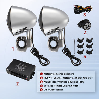 1000W 4-Channel 4" Motorcycle Bluetooth Amplifier & Speakers Full Range IP67 Waterproof Micro Stereo Audio Amp System for Harley ATV UTV Boat Custom Touring Cruiser