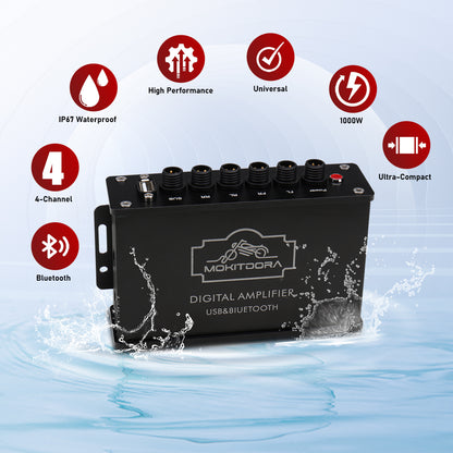 1000W 4-Channel 4" Motorcycle Bluetooth Amplifier & Speakers Full Range IP67 Waterproof Micro Stereo Audio Amp System for Harley ATV UTV Boat Custom Touring Cruiser