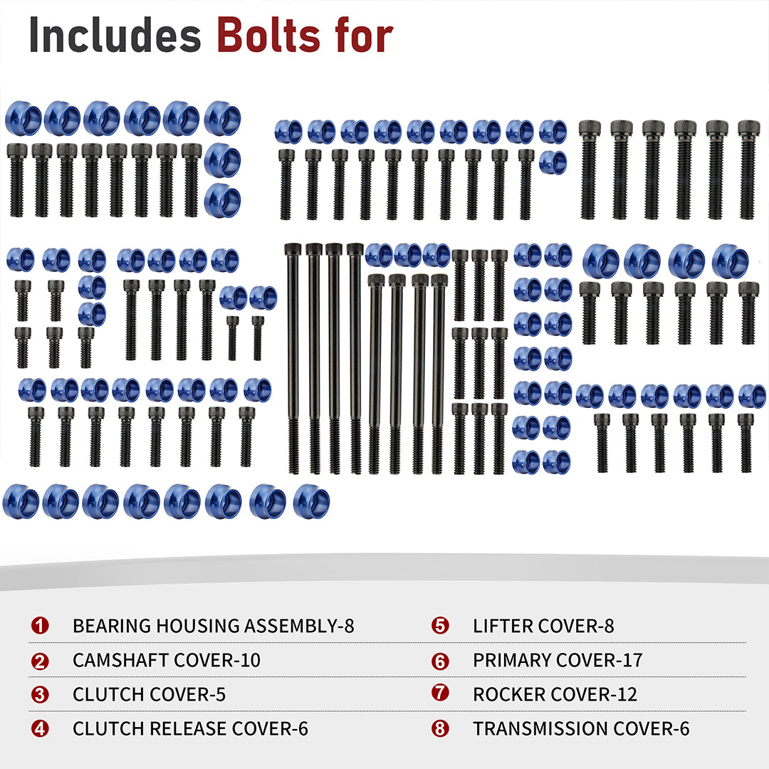 Engine Bolt & Head Toppers Caps Bolt Covers Full Kit for 2007-2017 Harley Touring/Softail/Dyna
