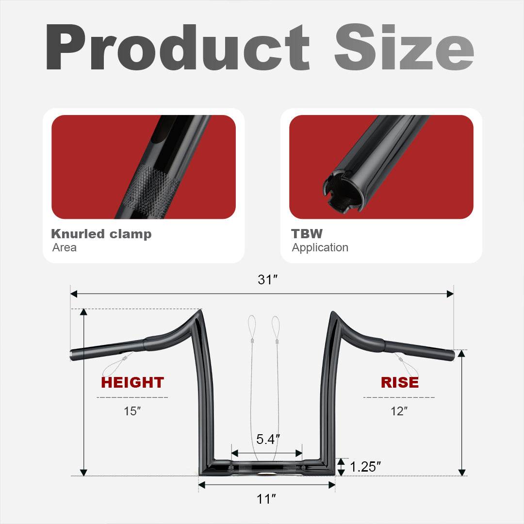 10"/12"/14"/16" Rise Ape Hangers 1.25" Fat 1" Clamp Handlebar Meathook Bars for 1994-Later Harley