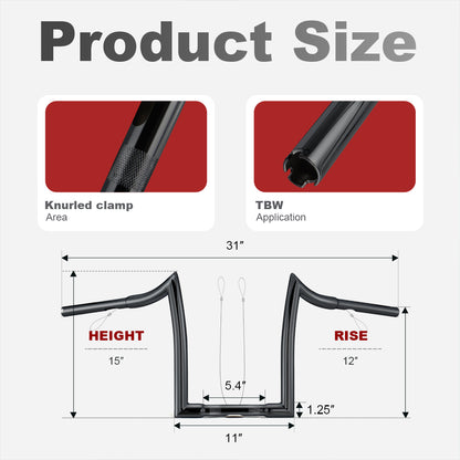 10"/12"/14"/16" Rise Ape Hangers 1.25" Fat 1" Clamp Handlebar Meathook Bars for 1994-Later Harley