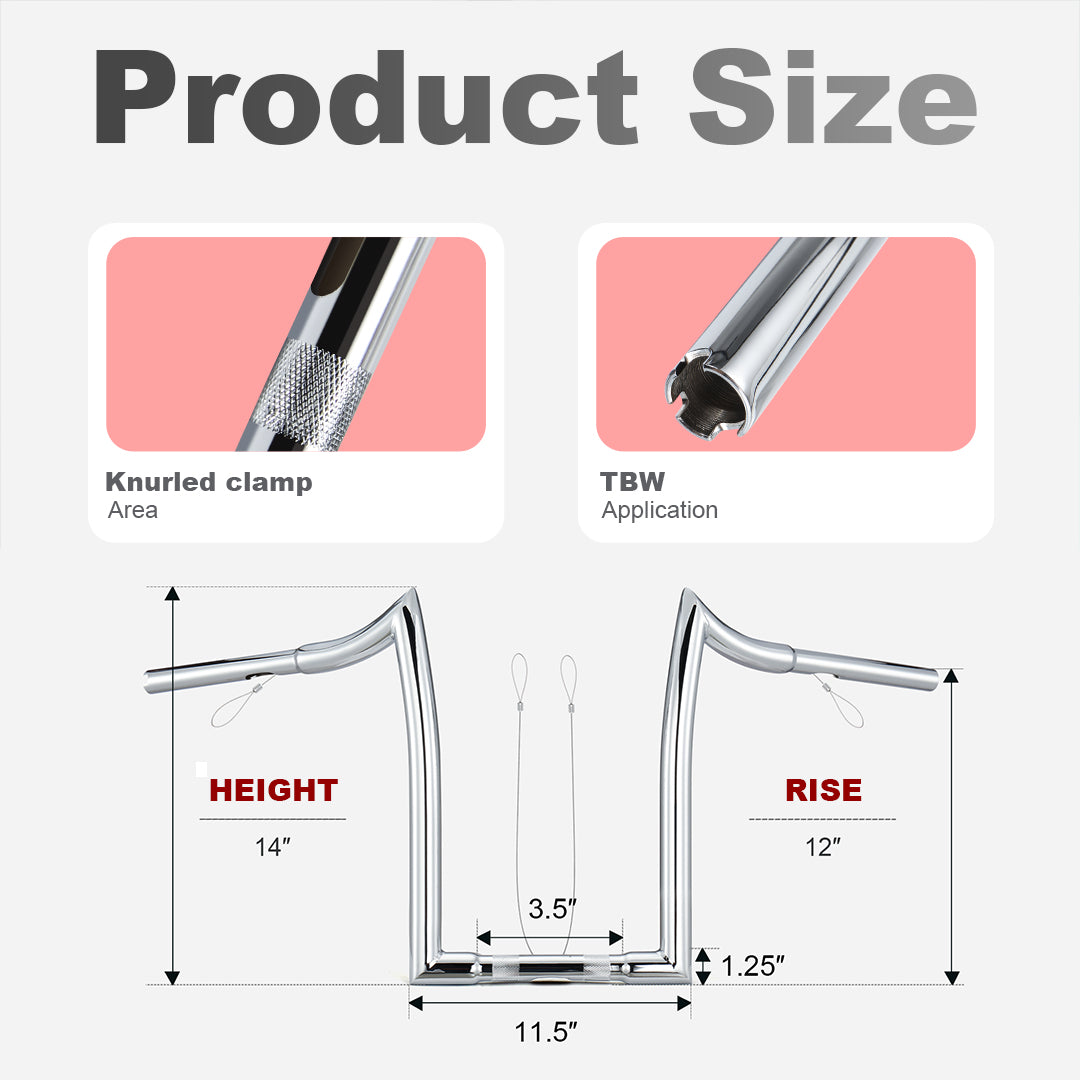 10"/12”/14" Rise Ape Hangers 1.25” Fat 1" Clamp Handlebar Z Bars for 1994-Later Harley Sportster/Dyna/Softail