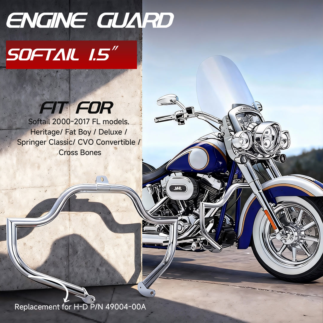 Meathook or Mustache Engine Guard Highway Crash Bar 1.5" Fat for 2000-2017 Harley Softail