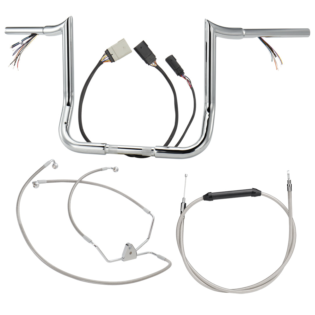 12"/14"/16" Prewired 1.25" Meathook Handlebars with Clutch Cable Brake Line for 2008-2013 Harley Touring without ABS