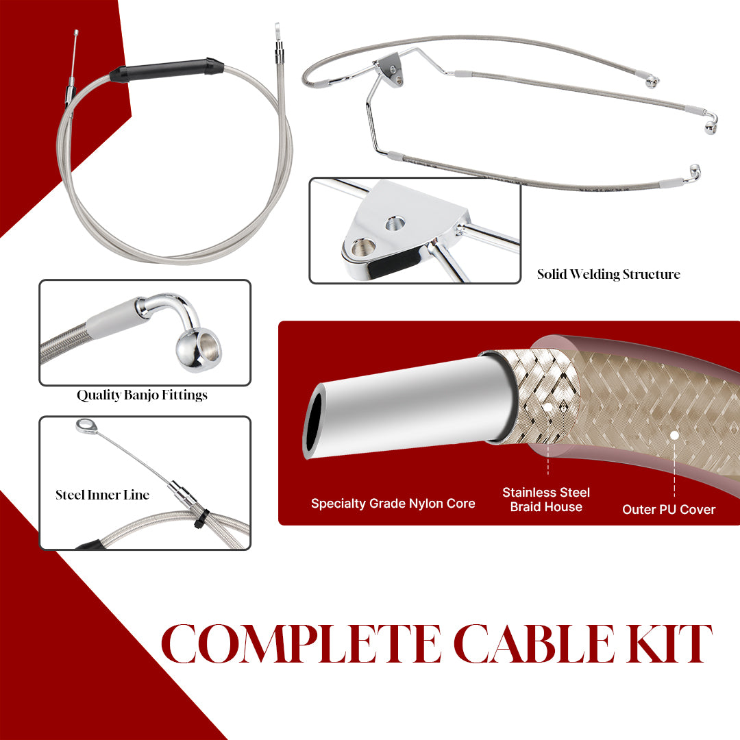 12"/14"/16" Prewired 1.25" Meathook Handlebars with Clutch Cable Brake Line for 2008-2013 Harley Touring without ABS