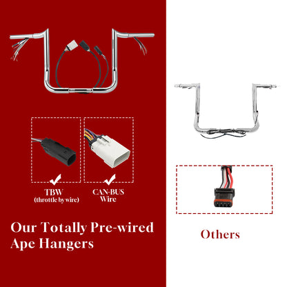 12"/14"/16" Prewired 1.25" Meathook Handlebars with Clutch Cable Brake Line for 2008-2013 Harley Touring without ABS