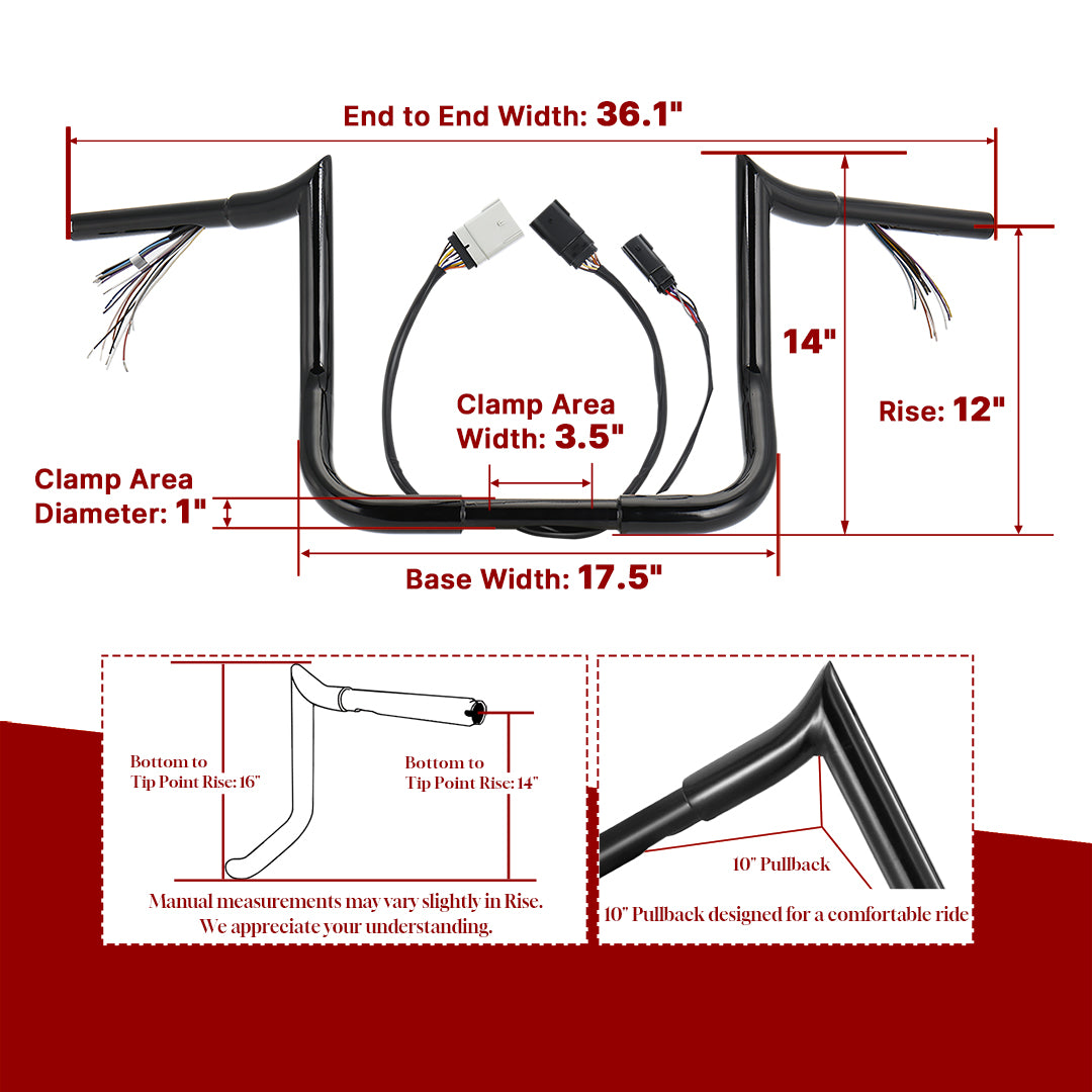 12"/14"/16" Prewired 1.25" Meathook Handlebars with Clutch Cable Brake Line for 2008-2013 Harley Touring without ABS