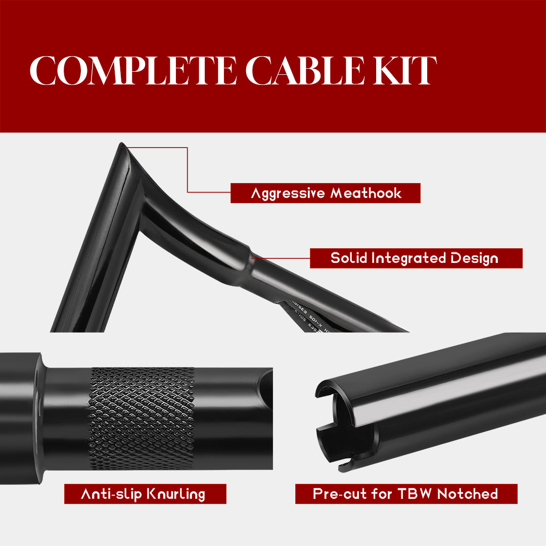 12"/14"/16" Prewired 1.25" Meathook Handlebars with Clutch Cable Brake Line for 2008-2013 Harley Touring without ABS