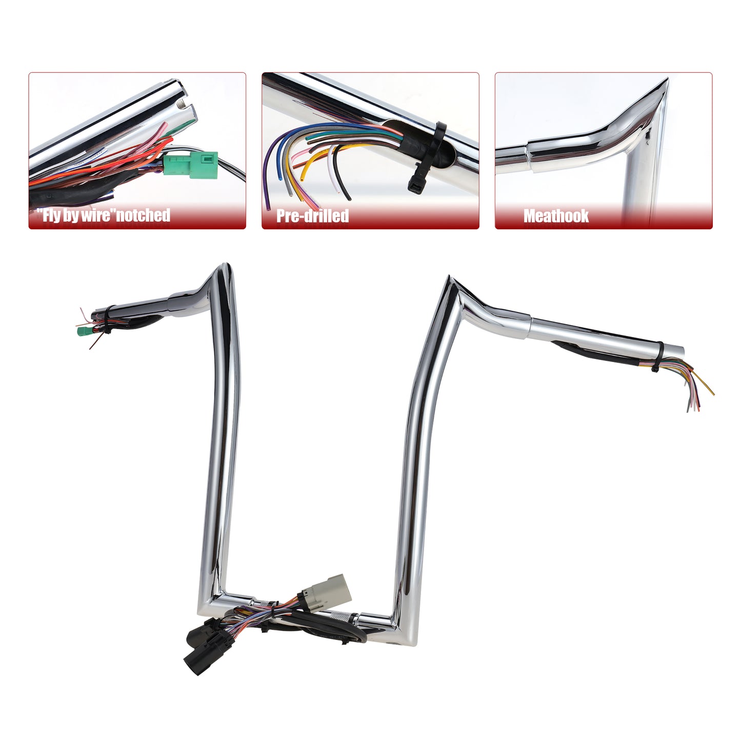 12"/14"/16" Meathook Prewired Handlebars 1.25" fat for 2008-2013 Harley Touring Road Glide