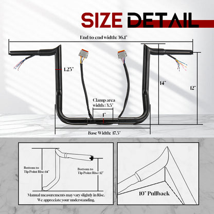 12"/14"/16" Prewired Meathook 1.25" Fat Handlebar for 1996-2006 Harley Touring