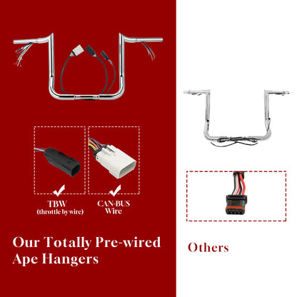 10"/12"/14" Prewired 1.25" Fat Meathook Handlebars for 2008-2013 Harley Touring