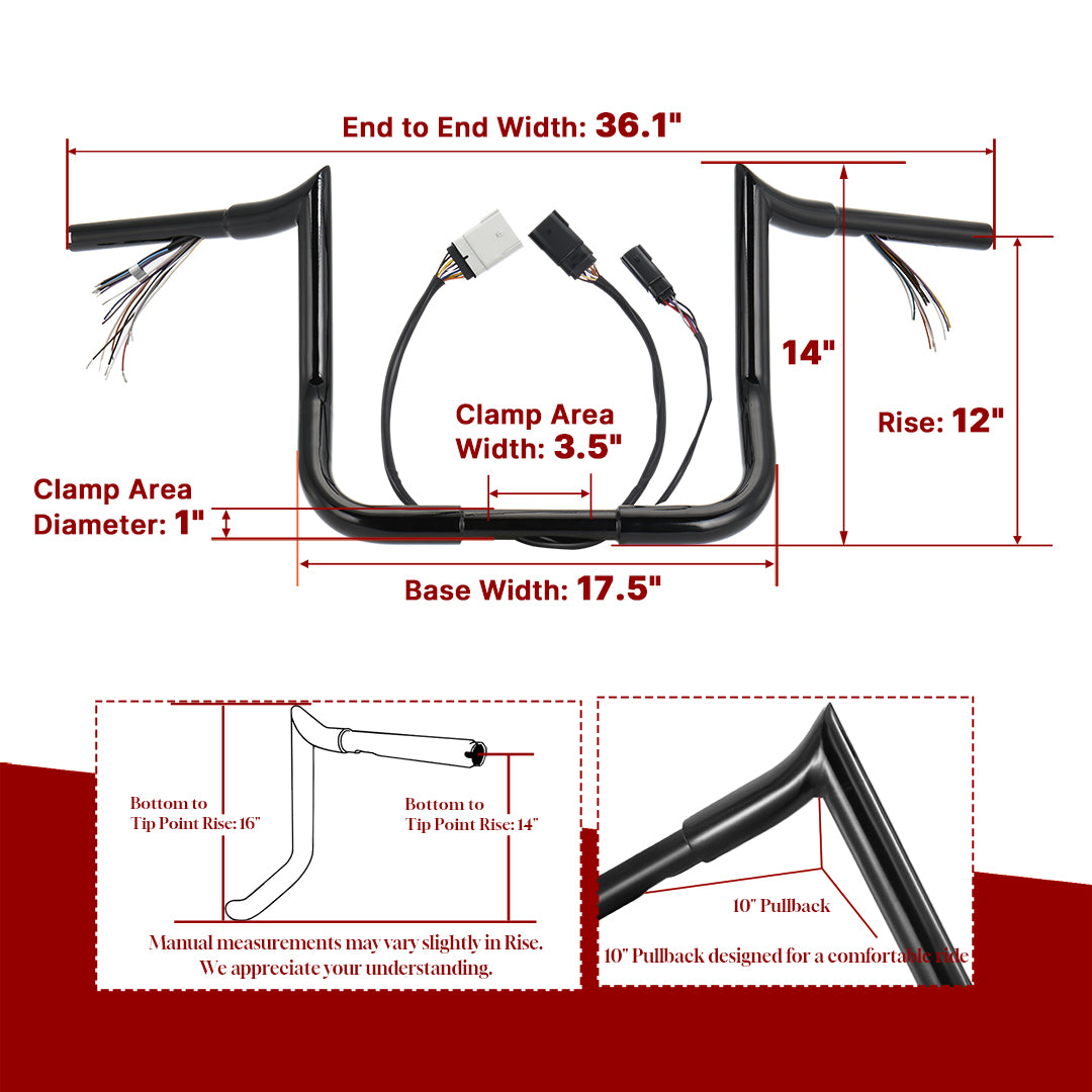 10"/12"/14" Prewired 1.25" Fat Meathook Handlebars for 2008-2013 Harley Touring