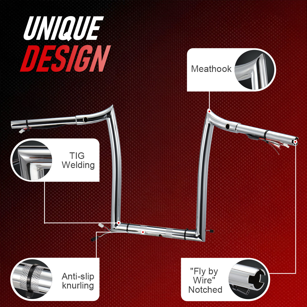 12"/14"/16" Meathook 1.25" Prewired Handlebars for 2016-2023 Harley Touring Road Glide
