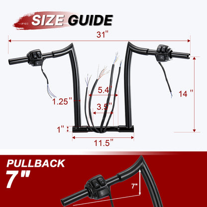 10/12/14/16 inch Prewired Handlebars for 1996-2006 Harley Sportster/Dyna/Softail/Road King