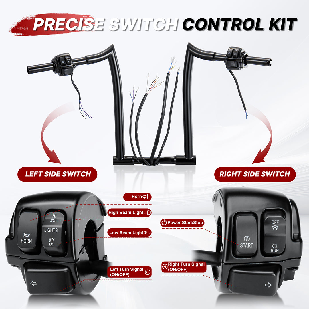 10/12/14/16 inch Prewired Handlebars for 1996-2006 Harley Sportster/Dyna/Softail/Road King