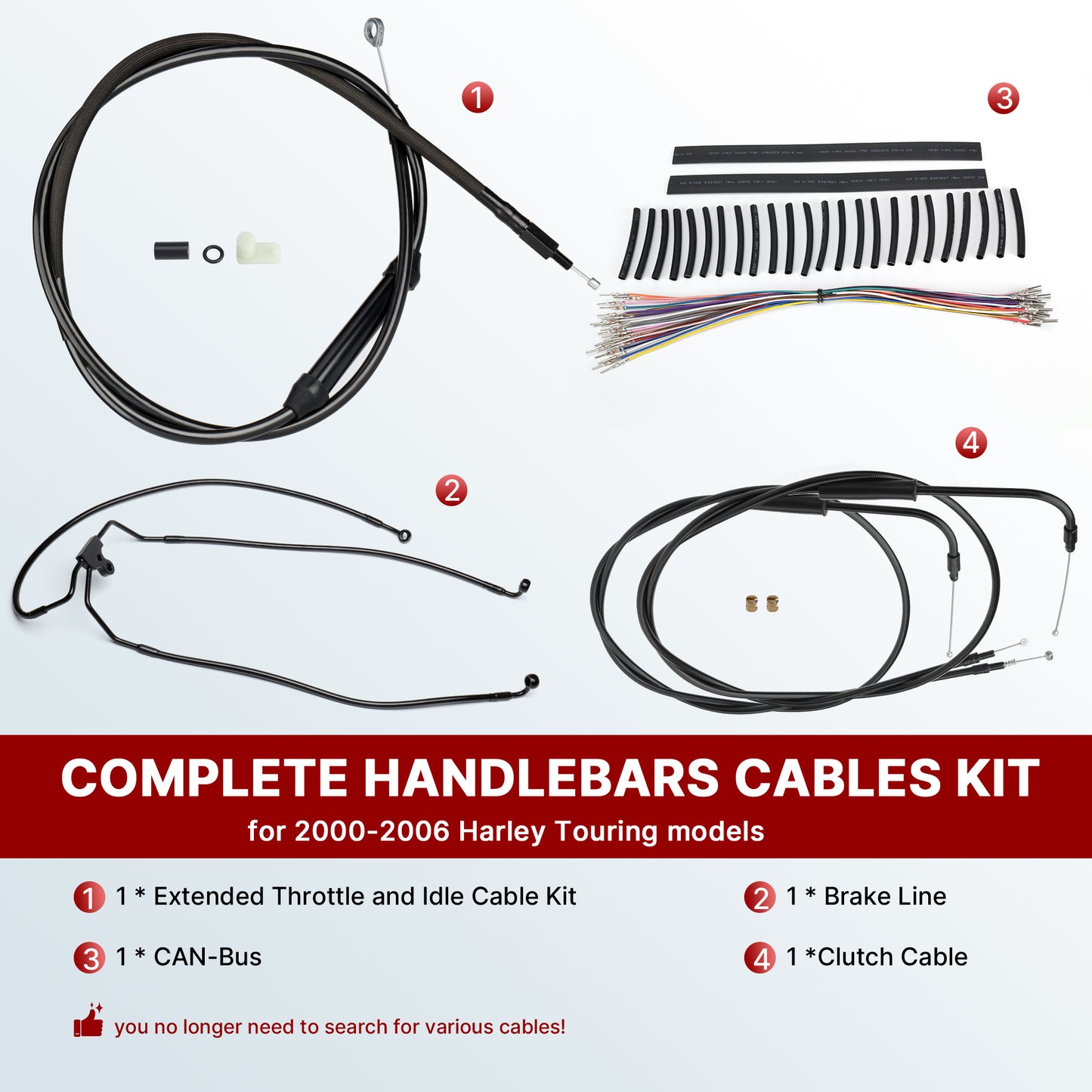 12/14/16 inch Ape Hangers Extended Cable Kits for 2000-2006 Harley Touring without ABS