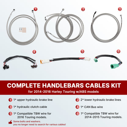 12/14/16 inch Ape Hanger Handlebar Cables Line kits for 2014-2015 Harley Touring with ABS