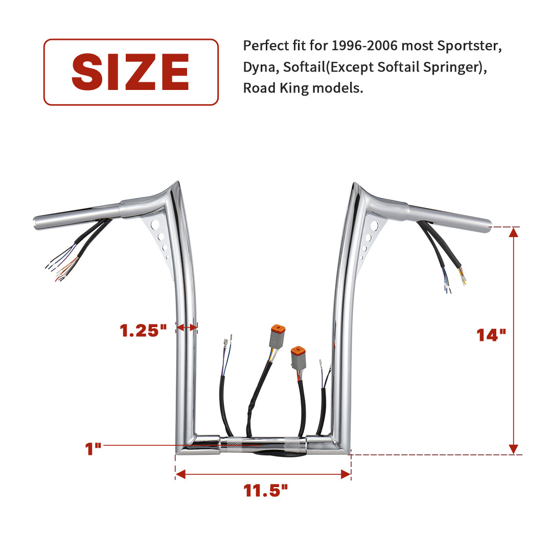 For Harley Softail/Dyna/Sportster/Road King 1996-2006 Bat Wing Meathook Pre-wired Ape Hangers