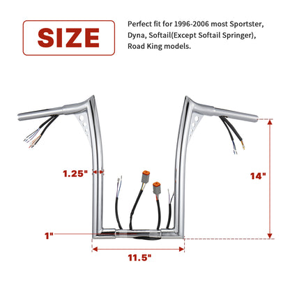 For Harley Softail/Dyna/Sportster/Road King 1996-2006 Bat Wing Meathook Pre-wired Ape Hangers