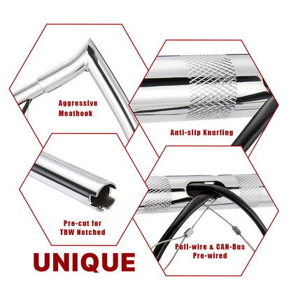 For Harley Road Glide 2014-2023 1.25 Inch Fat Ape Hangers with CAN-Bus and Guiding Line