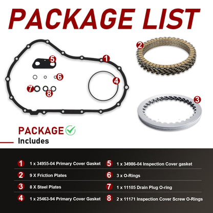 For Harley Sportster 2004-2017 Extra Clutch Plate Friction Steel Clutch Kit and Primary Cover Gasket Seal Kit