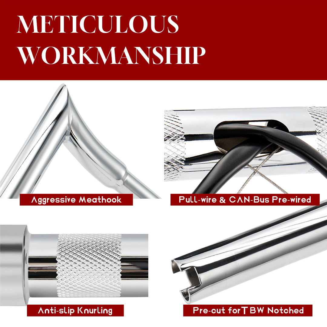 For Harley Touring 2014-2023 Meathook 1.25 Inch Pre-wried Handlebars with CAN-Bus Wire and Guiding Line
