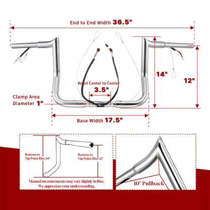 For Harley Touring 2014-2023 Meathook 1.25 Inch Fat Ape Hangers Pre-wried Handlebars