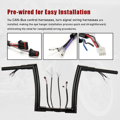 For Harley 2012-2017 Ape Hanger 1.5 Inch Meathook Pre-wired Handlebars