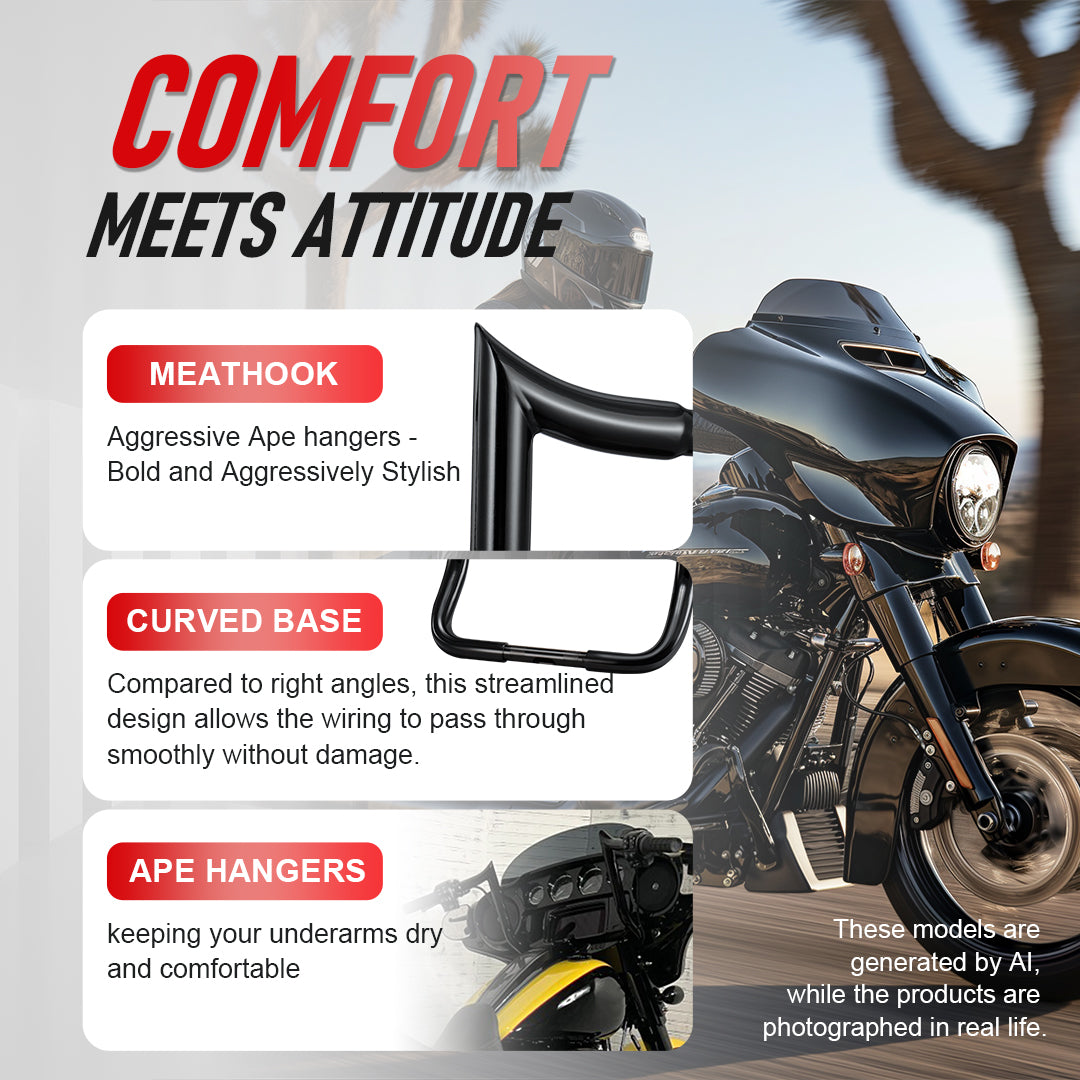 Meathook Monkey Bar 1.25 Inch Bagger Handlebars with Heated Grip Wires for Harley Touring 2016-2023