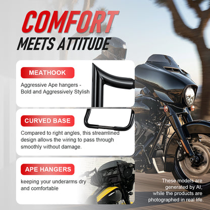 Meathook Monkey Bar 1.25 Inch Bagger Handlebars with Heated Grip Wires for Harley Touring 2016-2023
