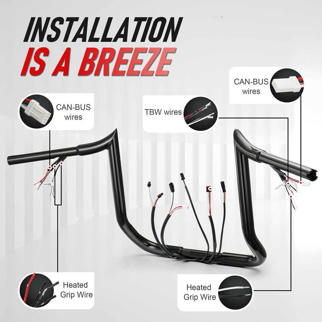 Meathook Monkey Bar 1.25 Inch Bagger Handlebars with Heated Grip Wires for Harley Touring 2016-2023