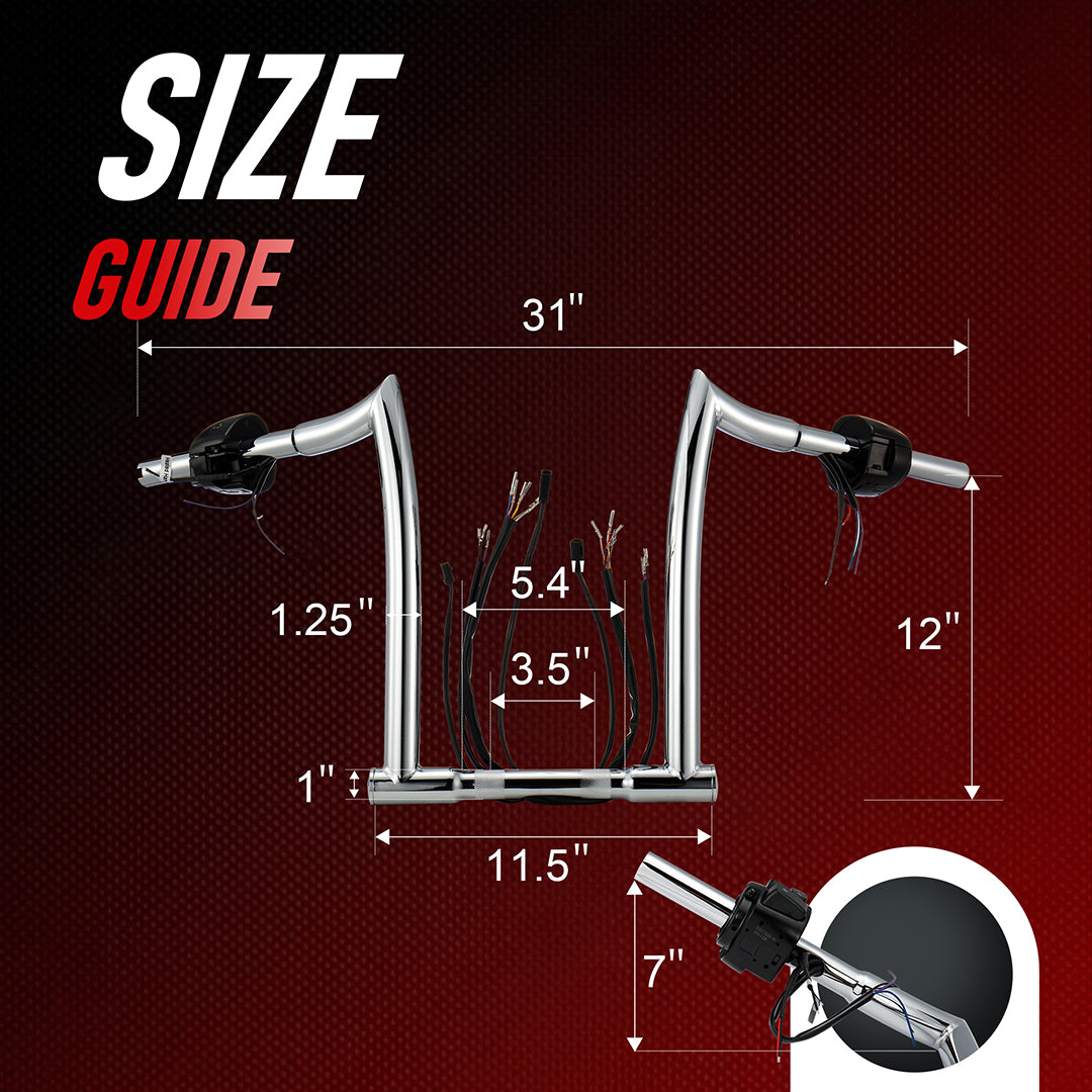 Pre-wired Handlebar 1.25 Inch Fat Ape Hanger with Heated Grip Wires & Switch Control Kit & Turn Signal Wires for Harley Sportster Dyna Softail Road King 1996-2006