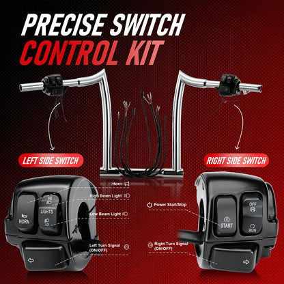 Pre-wired Handlebar 1.25 Inch Fat Ape Hanger with Heated Grip Wires & Switch Control Kit & Turn Signal Wires for Harley Sportster Dyna Softail Road King 1996-2006