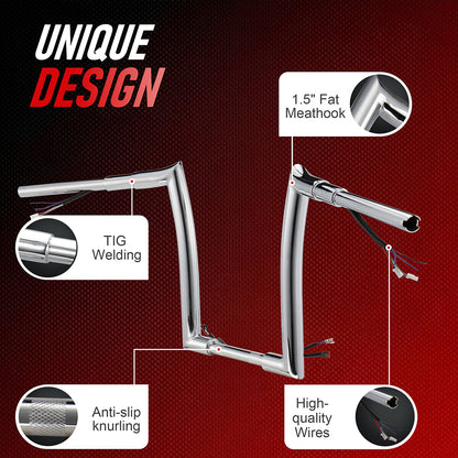 Pre-wired Meathook Handlebar 1.5 Inch Fat Ape Hanger for Harley Sportster Dyna Softail 2012-2022