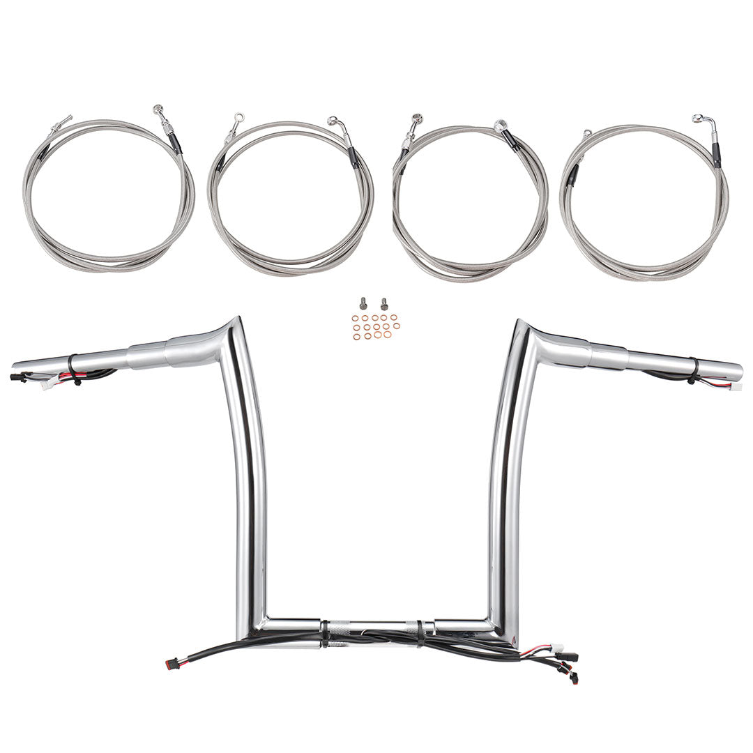 Pre-wired Road Glide Handlebars 1.5 Inch Fat Ape Hangers with 3 Brake Lines & 1 Clutch Line Kit for Harley Road Glide 2017-2020 with ABS