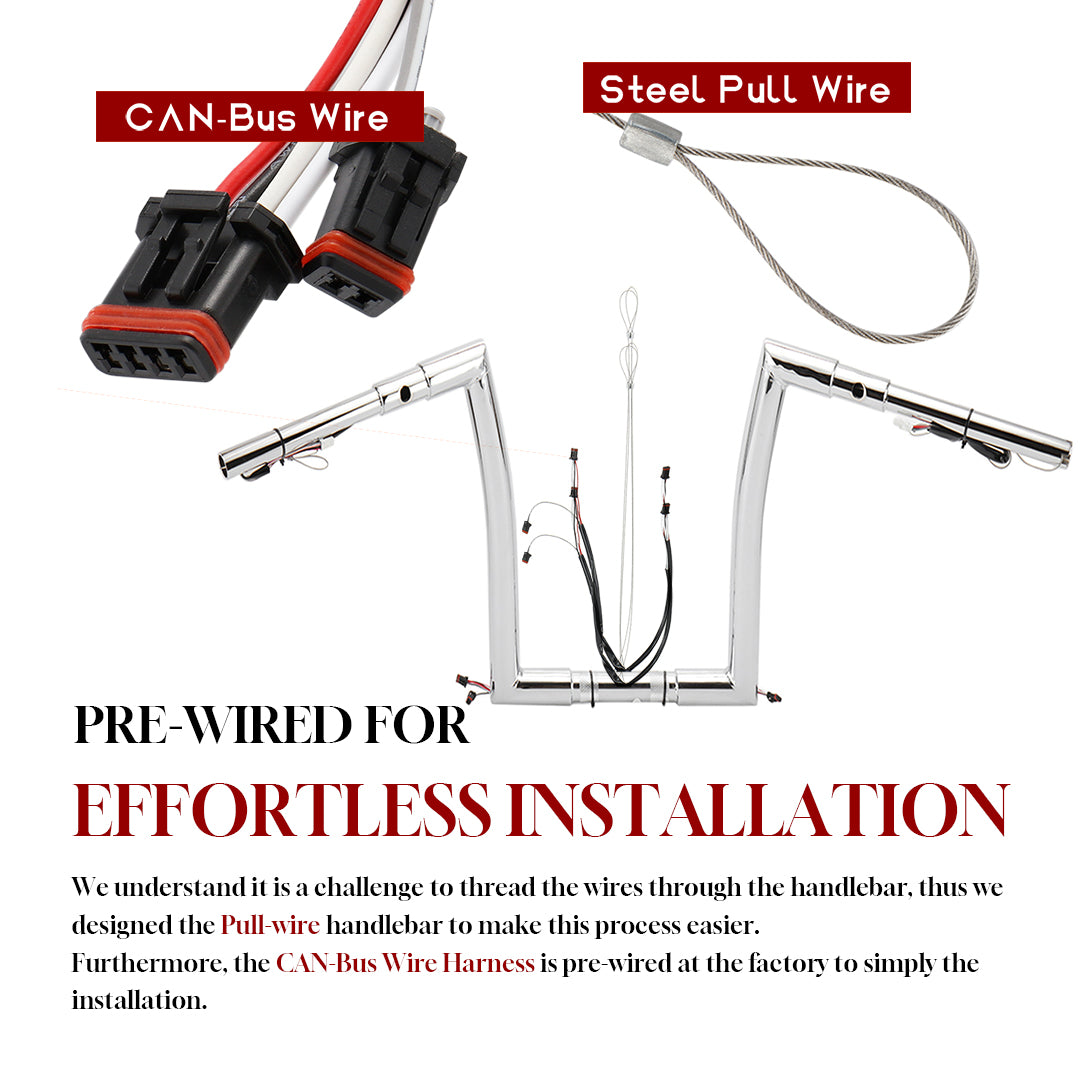 For Harley Road Glide 2014-2023 1.5 Inch Fat Ape Hangers with Pre-wired CAN-Bus Wire and Guiding Line