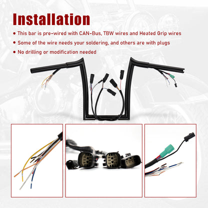 Road King Meathook Prewired Ape Hangers Handlebar for Harley 2008-2013 with CAN-Bus TBW Heated Grip Wires