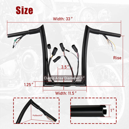 Road King Meathook Prewired Ape Hangers Handlebar for Harley 2008-2013 with CAN-Bus TBW Heated Grip Wires