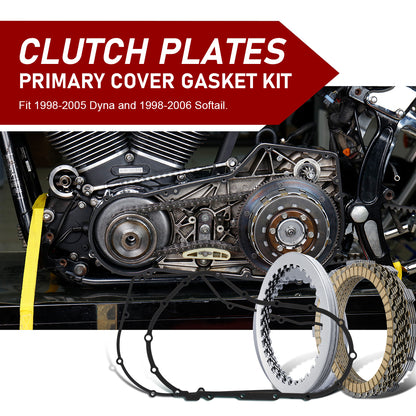 For Harley Softail Dyna 1998-2006 Extra Clutch Plate Friction Steel Clutch Kit and Primary Cover Gasket Seal Kit